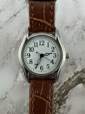 3/$30 Calvin Hill Watch Women Silver Tone White Dial 26MM Brown Band  8"